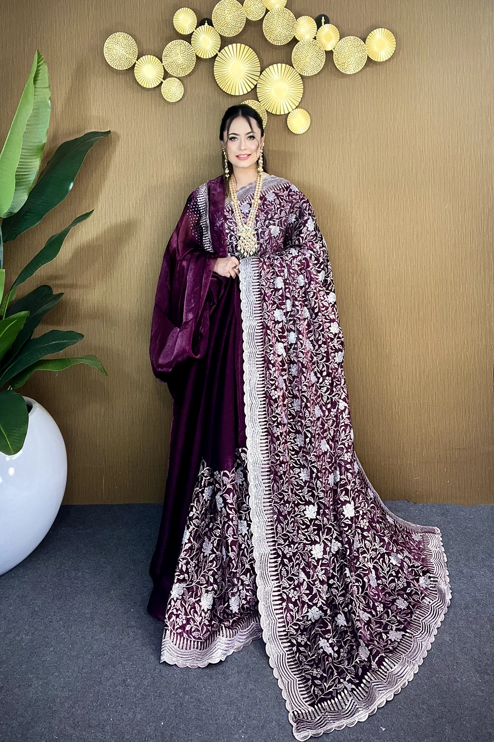 Deep Wine Silver Grace – Premium High Grade Stone Saree ✨